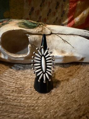 White Buffalo Stone Needle Sterling Silver Sunburst Statement Ring